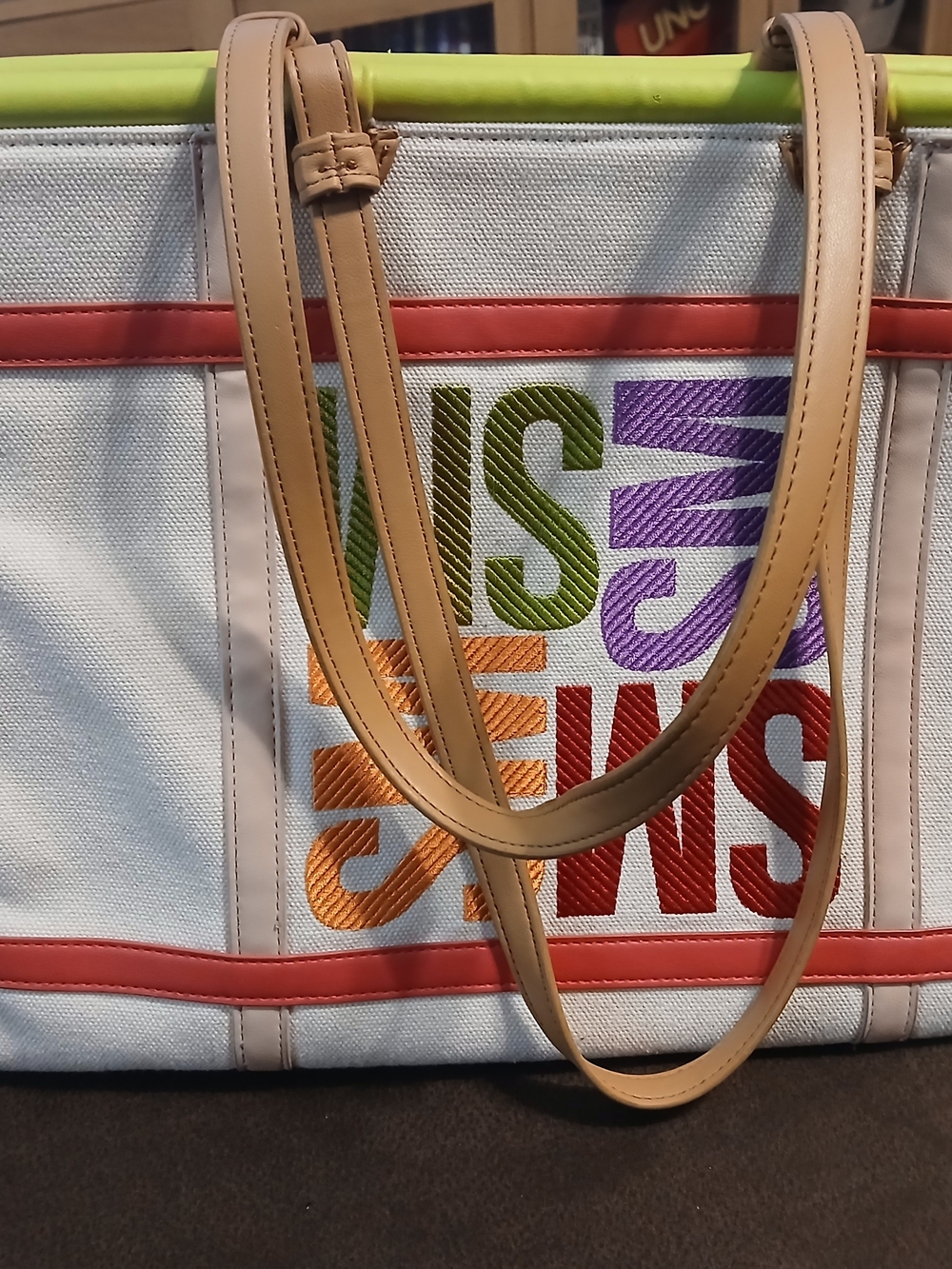 Steve Madden White Canvas Tote with Multicolor Lettering and Tan Straps